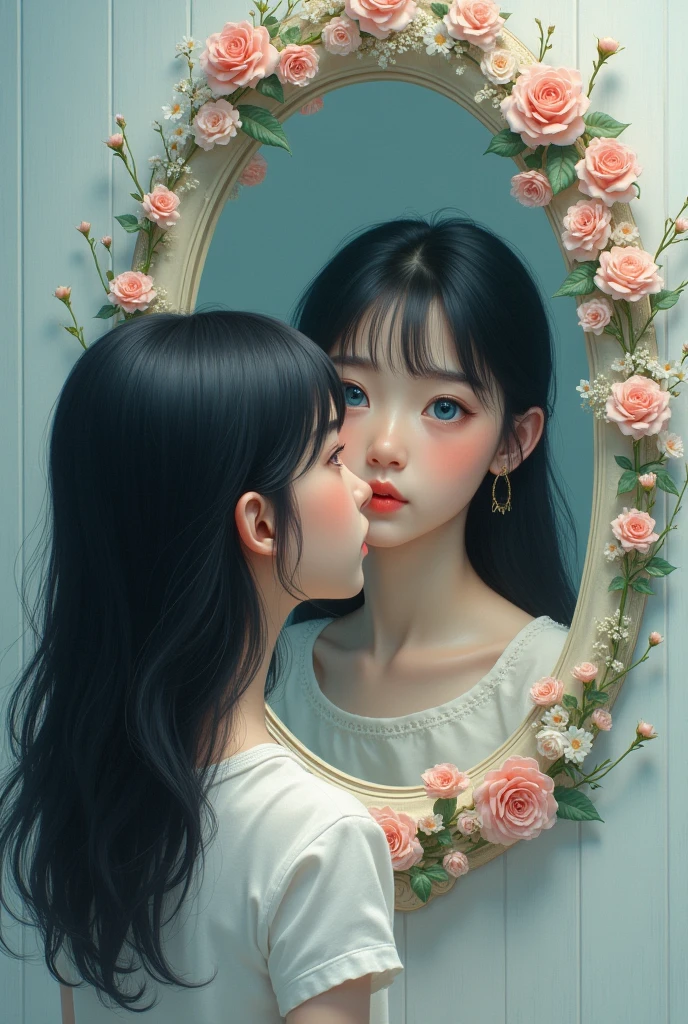 A girl with blue eyes and black hair looking at herself in the mirror, In the mirror she sees herself as a child. The mirror is decorated with flowers in pastel tones.