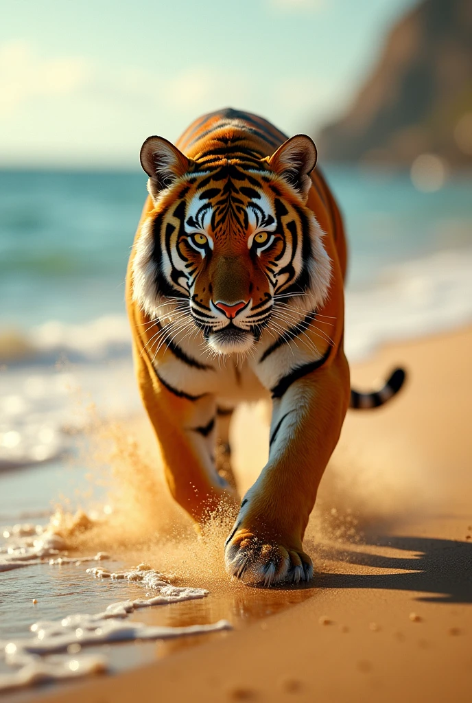 Bengal tiger Golden Running at the sea