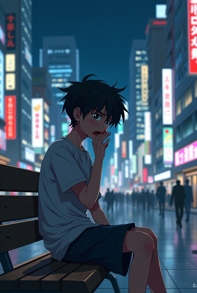 Anime manga boy in Tokyo city sitting in bench coffing blood