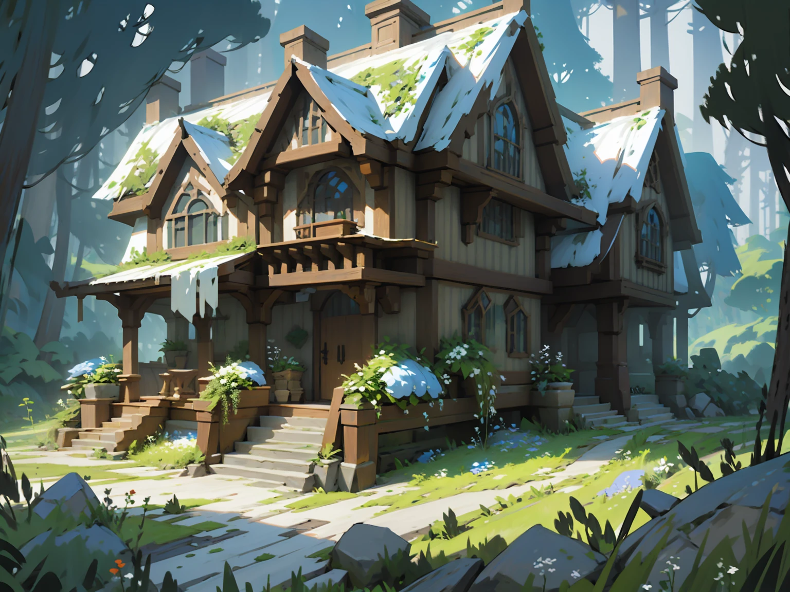 Fantasy house blueprint,Game Style,Wooden house,Fantasy house designs for Minecraft,Cute house,Fantasy games,Cute design,Natural,Flowers and grass are thriving