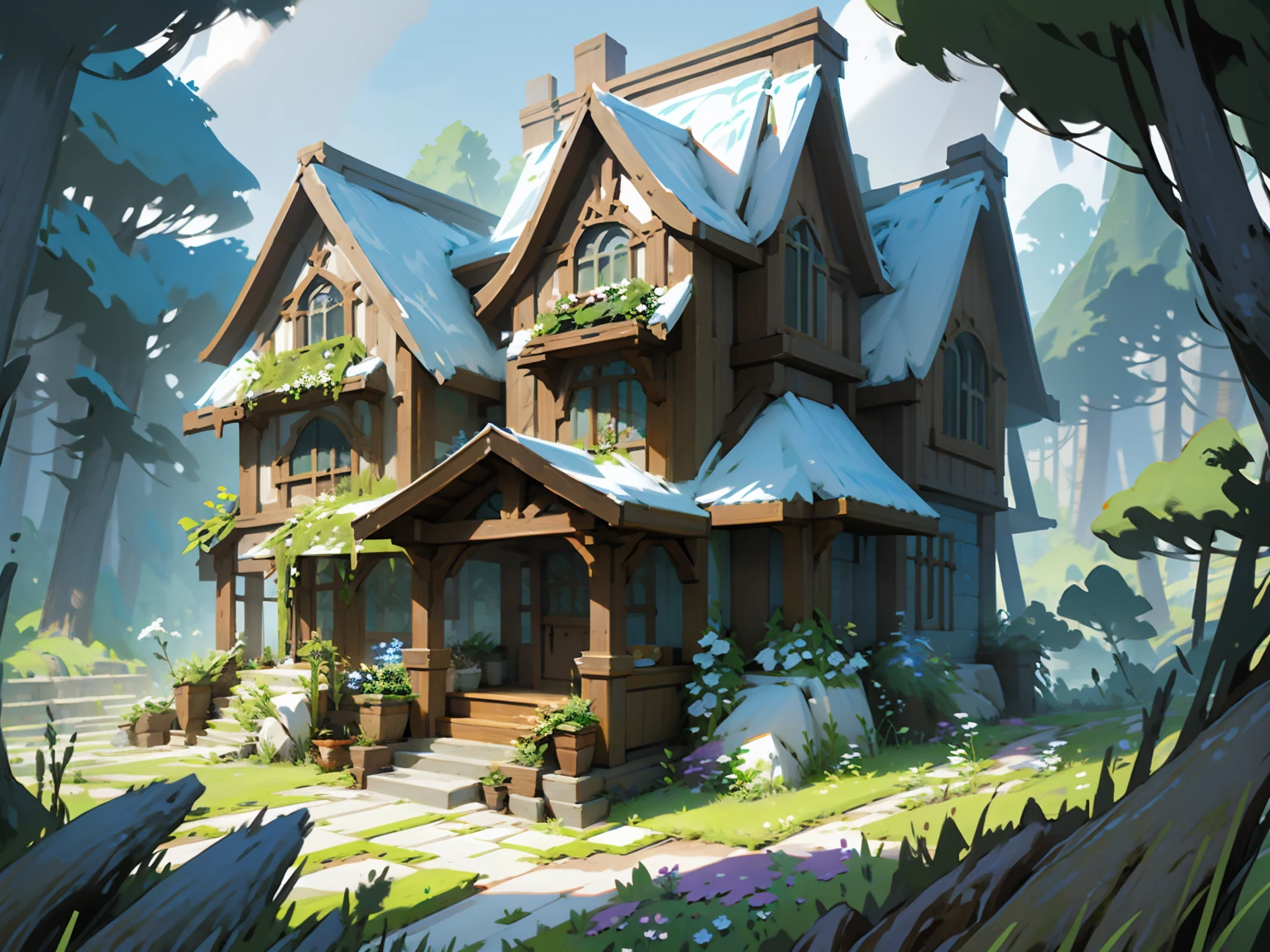 Fantasy house blueprint,Game Style,Wooden house,Fantasy house designs for Minecraft,Cute house,Fantasy games,Cute design,Natural,Flowers and grass are thriving