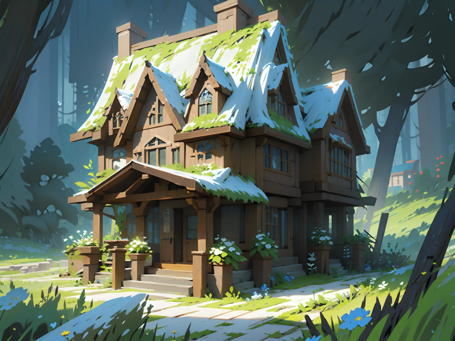 Fantasy house blueprint,Game Style,Wooden house,Fantasy house designs for Minecraft,Cute house,Fantasy games,Cute design,Natural,Flowers and grass are thriving