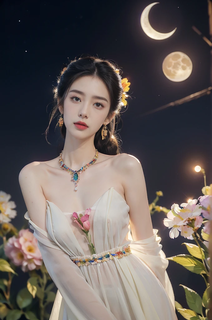 (((best quality))),(((ultra detailed))),(((masterpiece))),illustration,((1 beautiful girl,solo)),(neat chignon:1.2),((earrings,crystal necklace)),((slim,thin)),((small breasts,flat chest)),(slender legs:1.2),(stockings:1.3),(a moon in the clear night sky as the background:1.3), gentle glow,(Standing in the world full of vibrant flowers:1.3),(arms behind back:1.3),(gorgeous maxi hanfu:1.3),sparkling eyes,graceful,(surrounded by crowded colorful flowers:1.5), kaleidoscope, shimmer,bright moonlight, delicate petals, fragrance, otherworldly, magical realm, enchantment, tranquility, essence of beauty, peace,(outdoor:1.),(night scene:1.3),((from front,upper body))