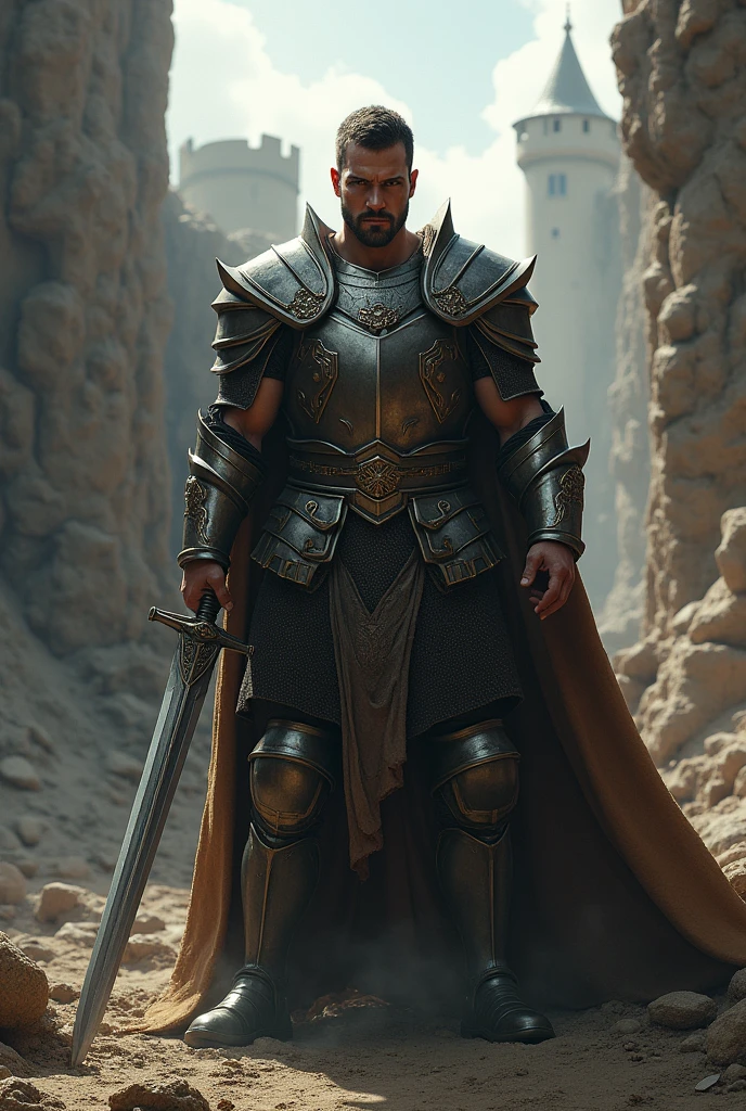 a man with a dashing face and dashing body posture holding a sword in his left hand then his right hand holding a shield, preparing to fight and wearing armor