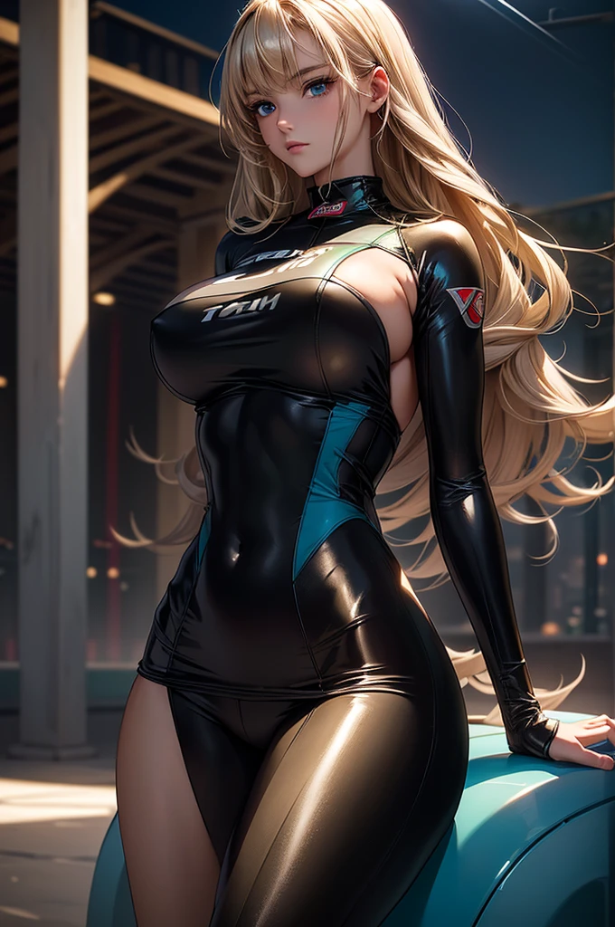 ((masterpiece, best quality, ultra-detailed, high resolution, extremely detailed CG, super detailed, Most beautiful clean lighting)), 1 girl, give a faint smile, Half Japanese, Multiple long drill hair, Large amount of hair, curly hair in vertical rolls, shiny blonde Long hair, Beautiful blue eyes, Elegant, Not tall, slim body, slender hips, Beautiful lady, huge breasts, Race queens, car racetracks, racing cars, black and green swimsuit-like racing suits,