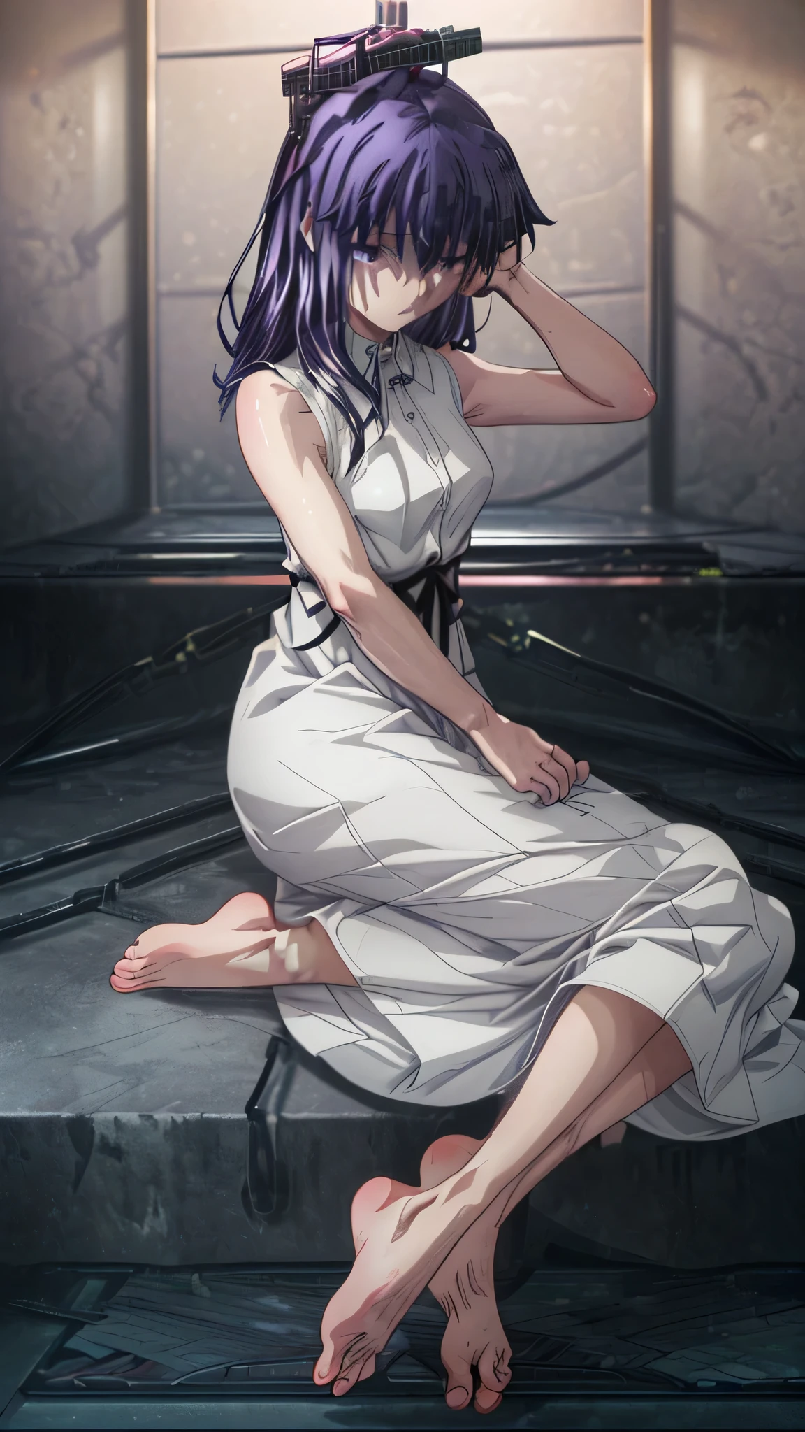 we are sakura, with loose purple hair, purple eyes, (((wearing a short yellow prison dress, sleeveless and buttoned))), (((Inside a dirty punishment cell in a maximum security prison, surrounded by bars, empty and with an unpaved floor))), ((sitting in the middle of the punishment cell in the maximum security prison with his hands behind his head and his legs in front of him, showing the soles of his feet)), (Whole body), (barefoot), to become night, low light, gloomy atmosphere, with an emotional state of concern