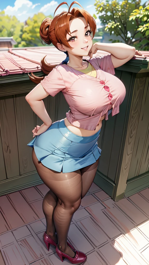 masterpiece, best quality, pkmnDelia, ponytail, pink shirt, ((microo-blue skirt)), pantyhose,smile, upper body, large breasts, house, blue sky,(full body),((wide hips))