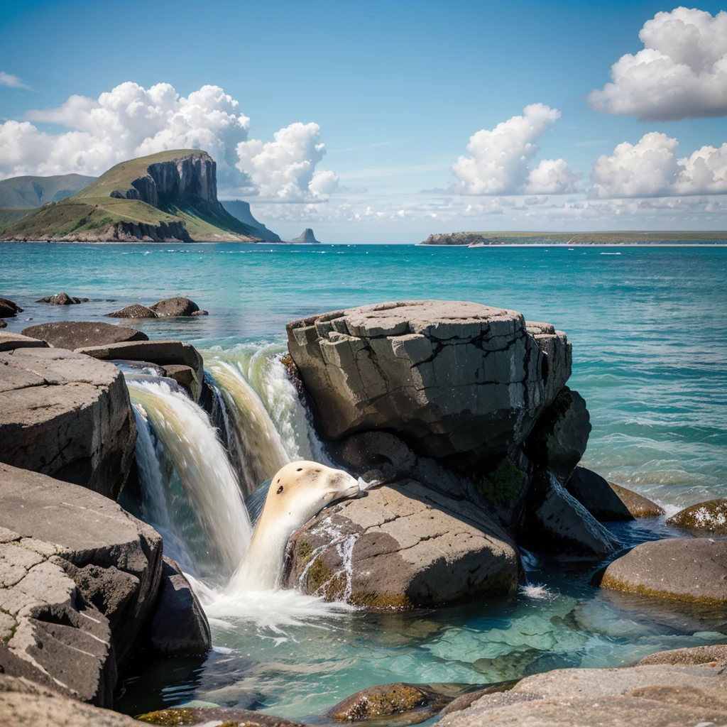 surrealism .Happy enjoying the sun on a rocky beach with blue waters., waterfall. the sky is clear, And the seals look comfortable and content., It symbolizes a peaceful and happy ending to the journey..."
These prompts will help you create visual elements that will bring your story to life.., It captures both the hardships and happy resolutions of the White Seal's journey...Dramatic lighting and staging, Surreal and aesthetically beautiful, sparkling effect