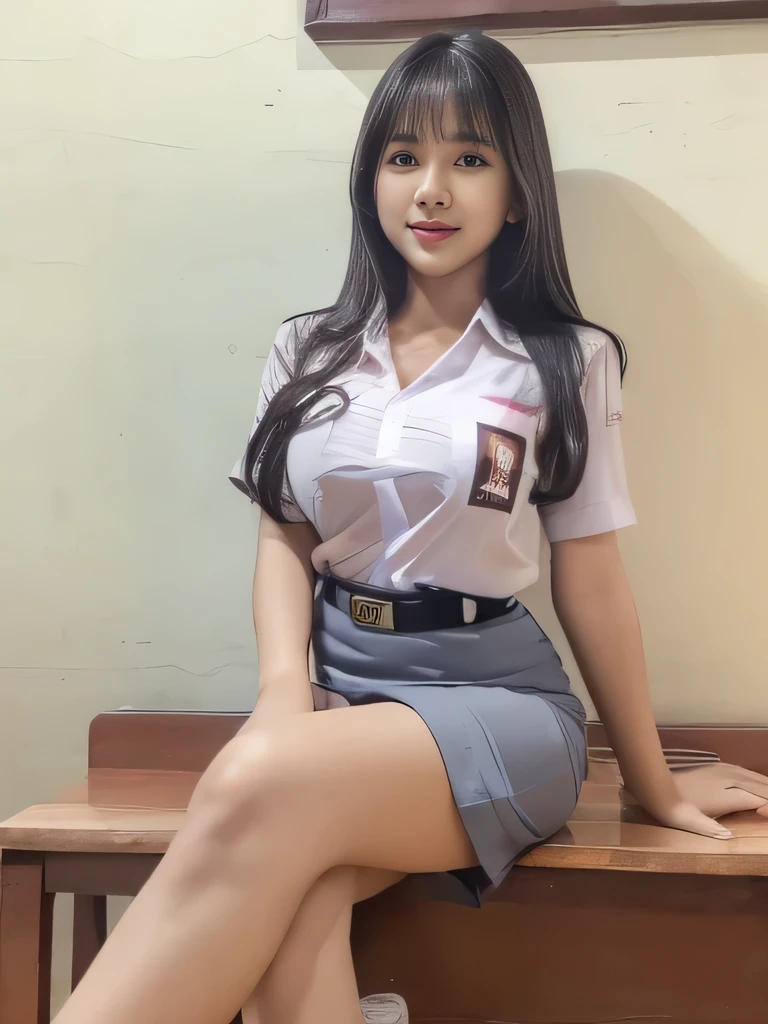 (((Ultra-HD-quality-details))) , one girl, beauty, perfect eye lids, sexy body, big breast, standing, at classroom, cewe-sma, from fitting, white shirt, gray tight skirt, no bra, white shoes, belt, sexy beauty legs, looking at viewer, from head to legs. Detailed, natural. 