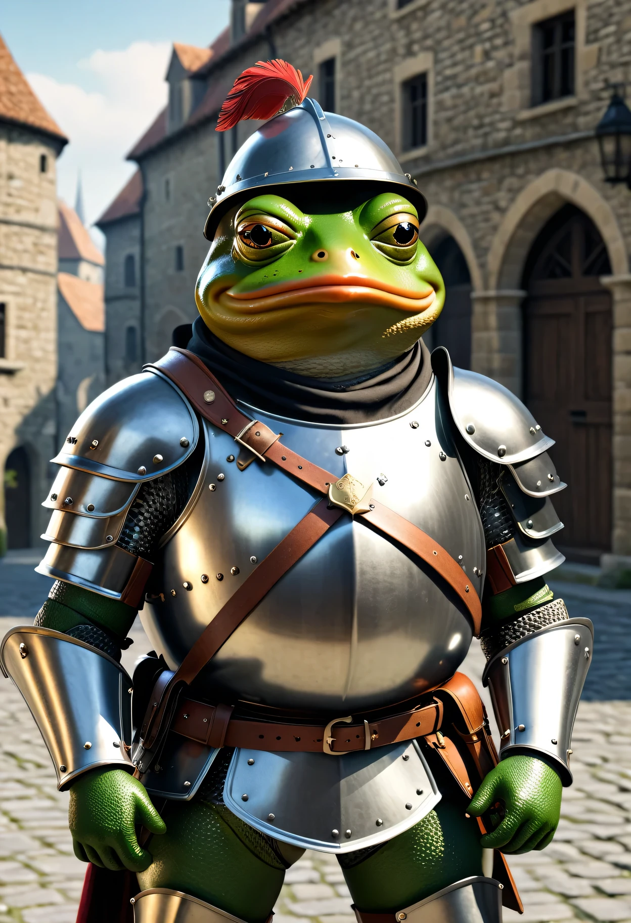 photorealistic portrait of Dressed animals - a ((fat)) (pepe frog) knight,(hands on hips:1.5 ),(helmet), high quality,(lovely) ,intricate detailed armor, highly detailed ((knight armor, greaves, sabaton)) , highly detailed knight equipment , (happy), natural lighting,(full body image:2.0),(stone buildings background),score_9, score_8_up, score_7_up, score_6_up, score_5_up, score_4_up,
