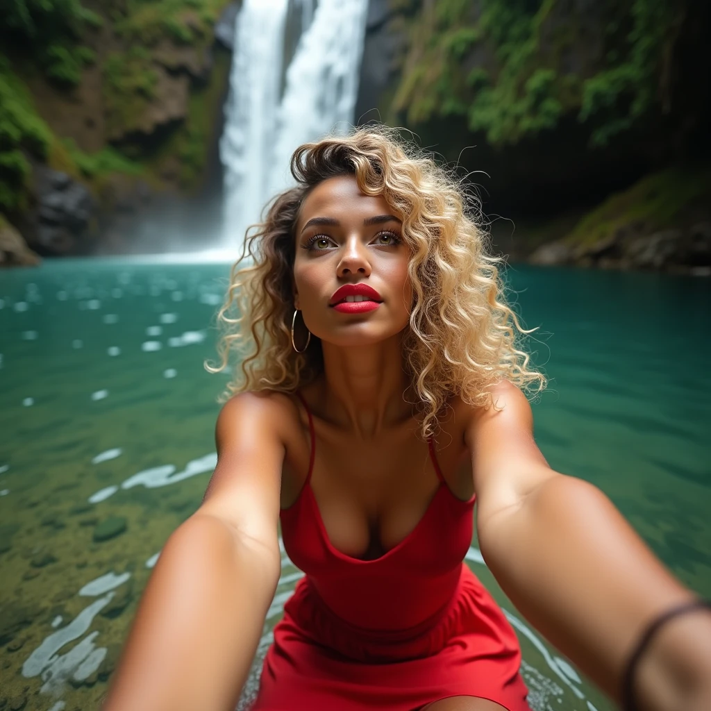 She Take a selfie, Toffee color skin, beautiful toffee mixed woman 2 with long blond curly hair and extremely detailled clear yellow eyes, She is sitting in a lake in front of a waterfall, she holds her hair in the air and looks at the sky, beautiful waterfall, net of light, she wears a red dress and red lipstick