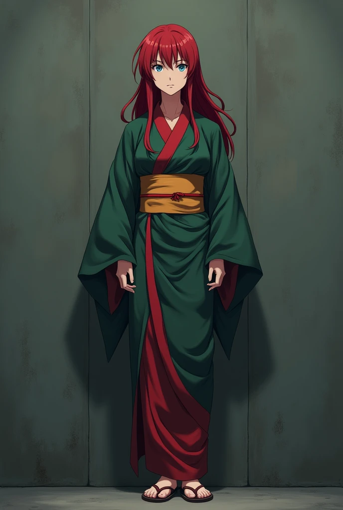The image is anime style with shadows and dim lights, anime style although somewhat adult and dark, In it appears a single adult woman of 40 years old, she has blue eyes and wears a beautiful oversized green and red yukata.; He also wears sandals. She has extremely long and loose hair., dark red. She looks calculating and shrewd.. The background of the image is a grey wall.