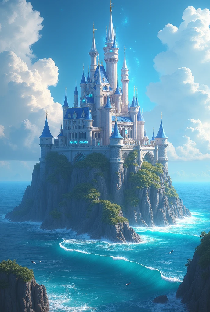 Magical castle on a hill in the middle of a deep blue ocean. Image should be 3d and clear