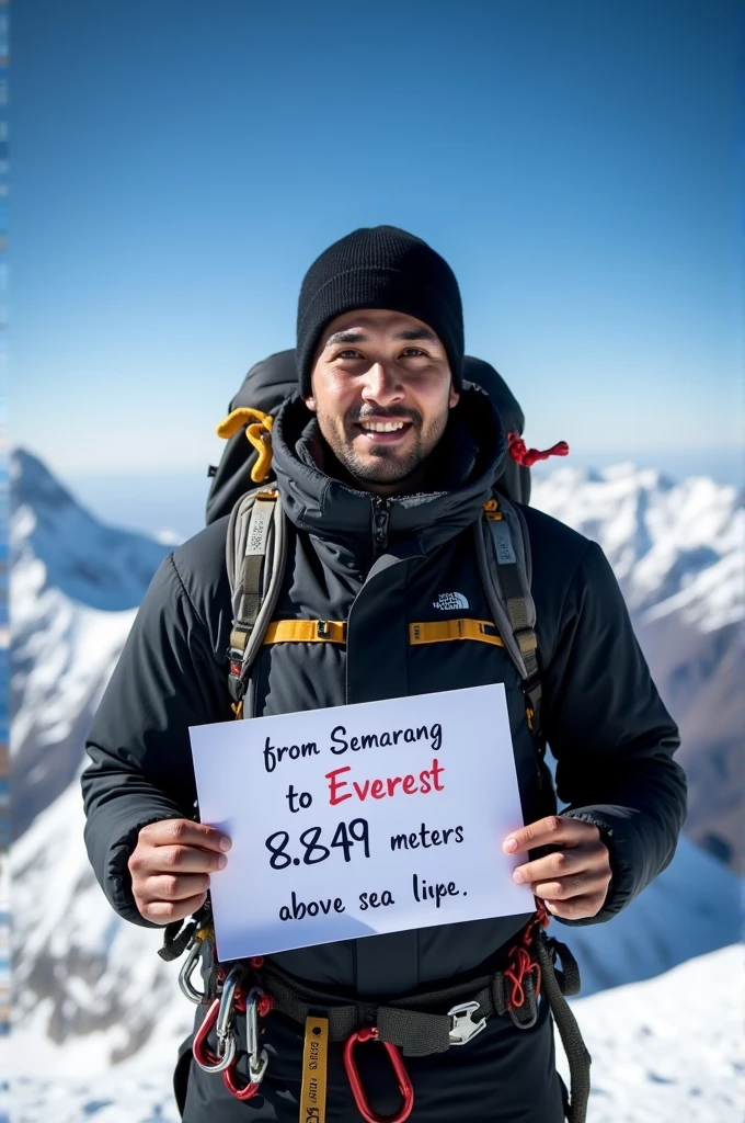 Photo of a 2 thin Indonesian man with short hair Wearing a black climbing jacket, wearing a beanie, complete with mountain climbing equipment, Standing on the peak of Mount Everest while holding a piece of paper with the words "From SEMARANG to EVEREST 8.849 meters above sea level".
