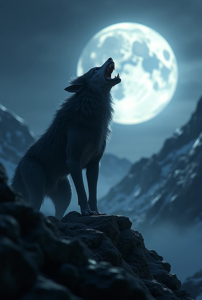 Warewolf howling on the mountain in front of moon