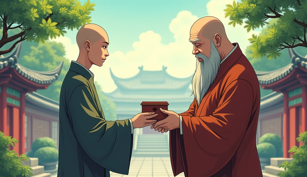 Chinese bald desciple showing tiny box to chinese old fat and bald monk Sensei, surrounded by temples and beautiful trees, beautiful scenario, in anime style, 