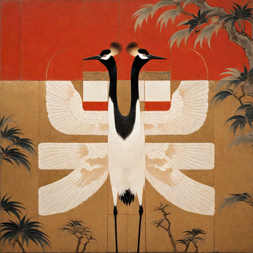 A red-crowned crane on a red background，There is a cut panel in the background, Japanese Art Museum, Dark white and light brown, Elegant and balanced, Standard collection, song huizong, Song Dynasty, Mosaic, Flat composition