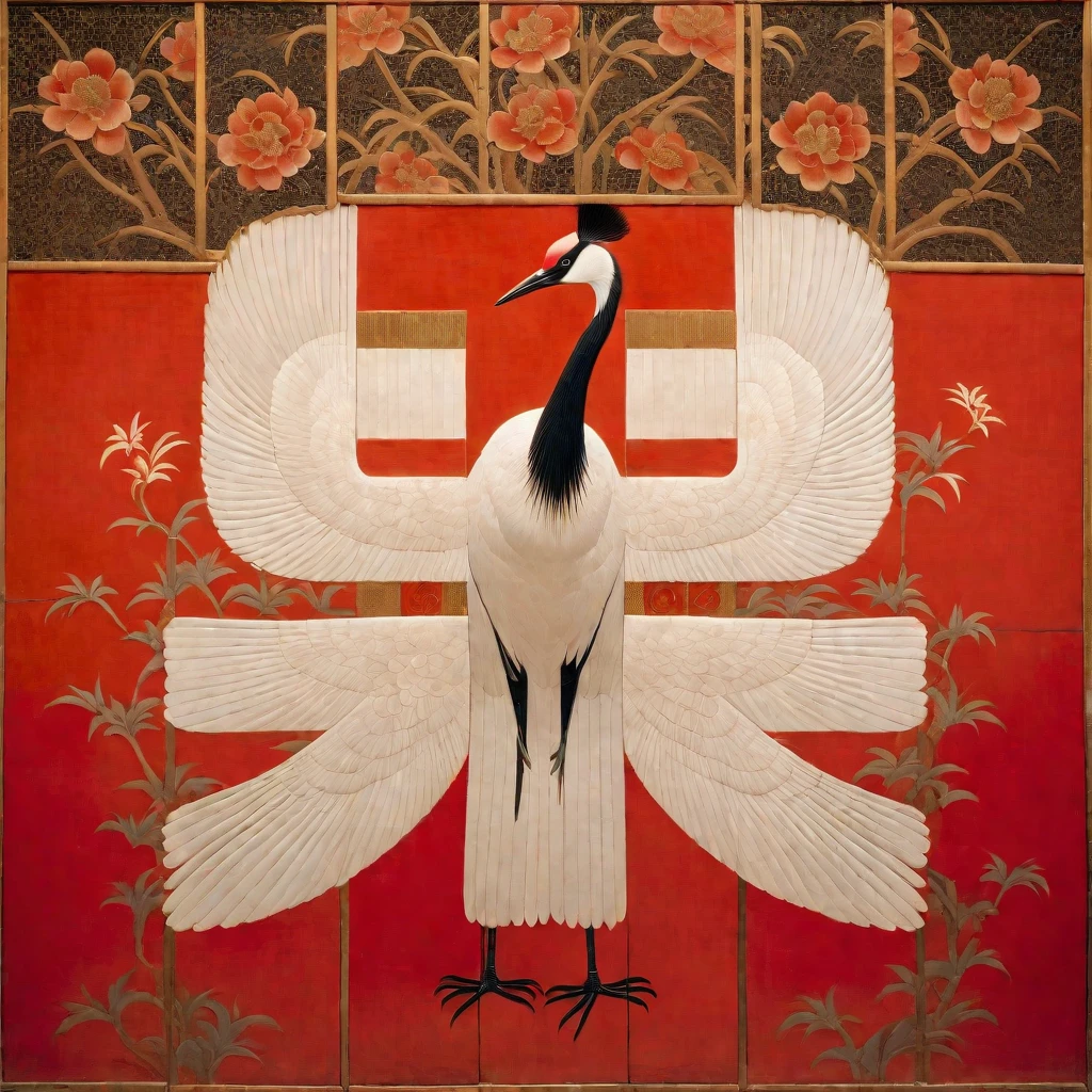 A red-crowned crane on a red background,There is a cut panel in the background, Japanese Art Museum, Dark white and light brown, Elegant and balanced, Standard collection, song huizong, Song Dynasty, Mosaic, Flat composition