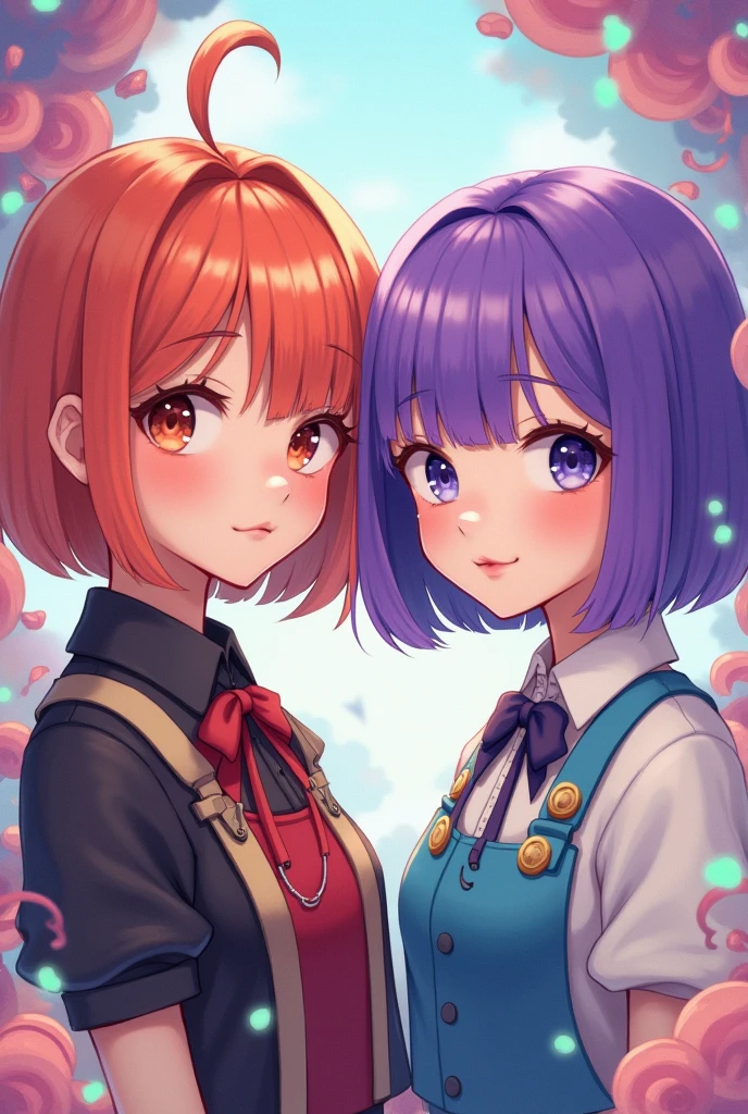 Two short girls with bob hair cut coloured copper and purple