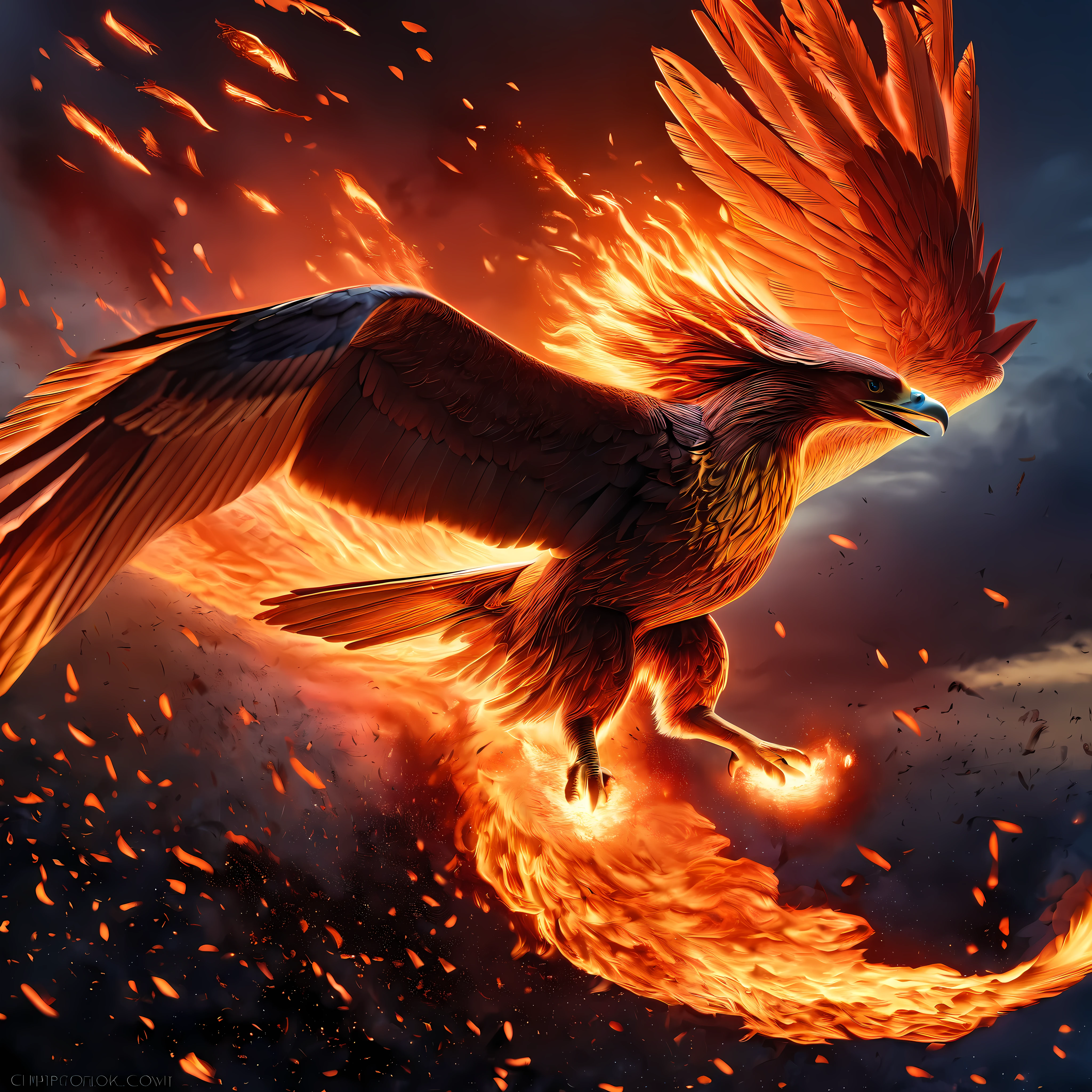 A majestic phoenix, mythical fire bird, soaring through the sky, wings ablaze, scattering embers, burning and flying, chaotic and sublime, photorealistic, 8k, hyper detailed, dramatic lighting, fiery holographic effects, vivid colors, dramatic pose, intricate feather textures, powerful and dynamic, digital painting, cinematic composition.