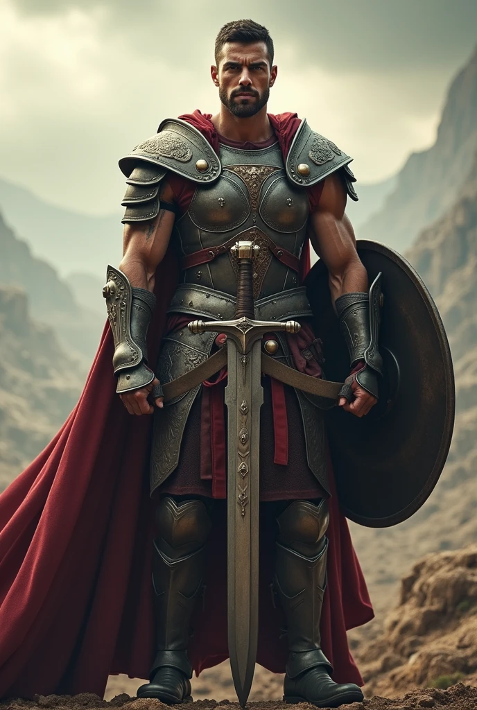 man with a dashing face and dashing body posture holding a sword in his left hand then his right hand holding a shield, preparing to fight and wearing armor