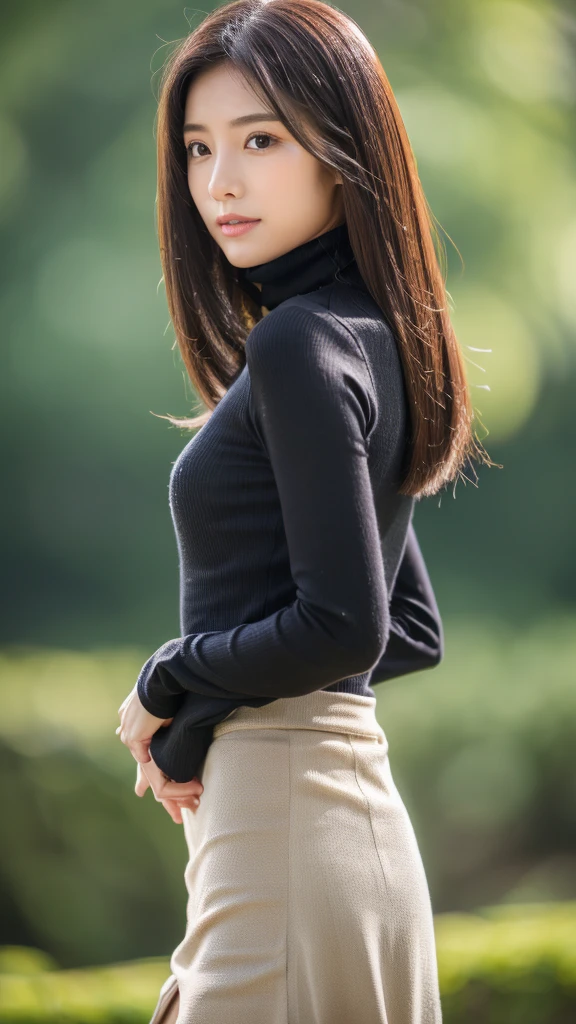 ((top quality、In 8K、masterpiece:1.3))、sharp focus:1.2、beautiful woman perfect body:1.4、slim abs:1.2、((medium hair、Straight hair:1.2))、(turtle neck、Cling cotton long skirt:1.1)、(rain、distance:1.2)、Wet body:1.5、3D texture、eye for detail、brown hair、Very shiny hair、rear view、Improve hair quality、Korean style hair