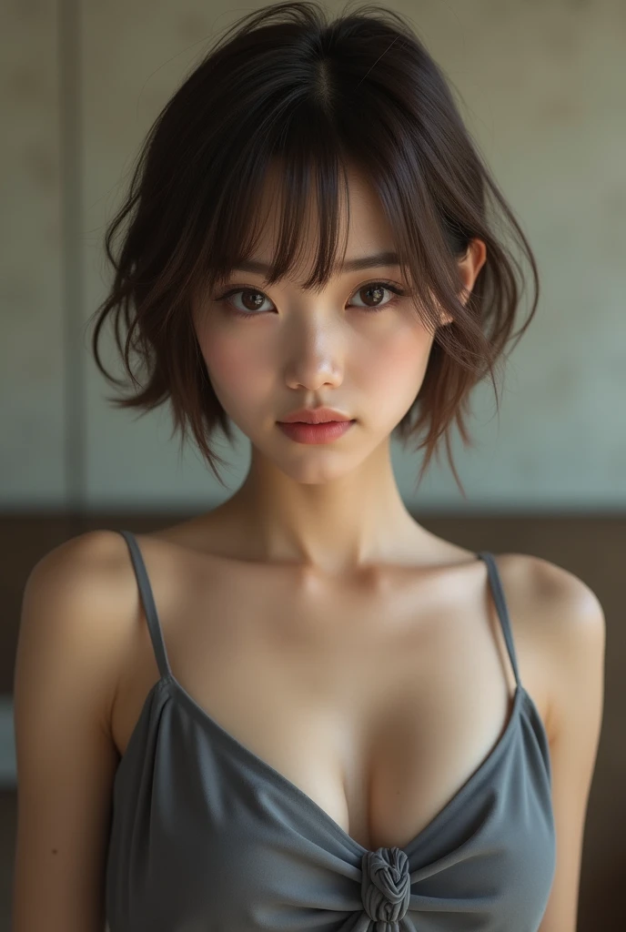 (masterpiece:1.3), (8k, Photorealistic, RAW Photos, Best image quality: 1.4), Japanese girl、(Random Hairstyles:1.2)、Cleavage:1.2、Super detailed face、Attention to detail、double eyelid、Put your chest together、Sharp focus:1.2、Beautiful woman:1.4、Light brown hair、Highest quality、masterpiece、Ultra-high resolution、(Photorealistic:1.4)、Highly detailed and professionally lit smile、Shoulder out、thin、Serious expression、Short-haired、Deadly position