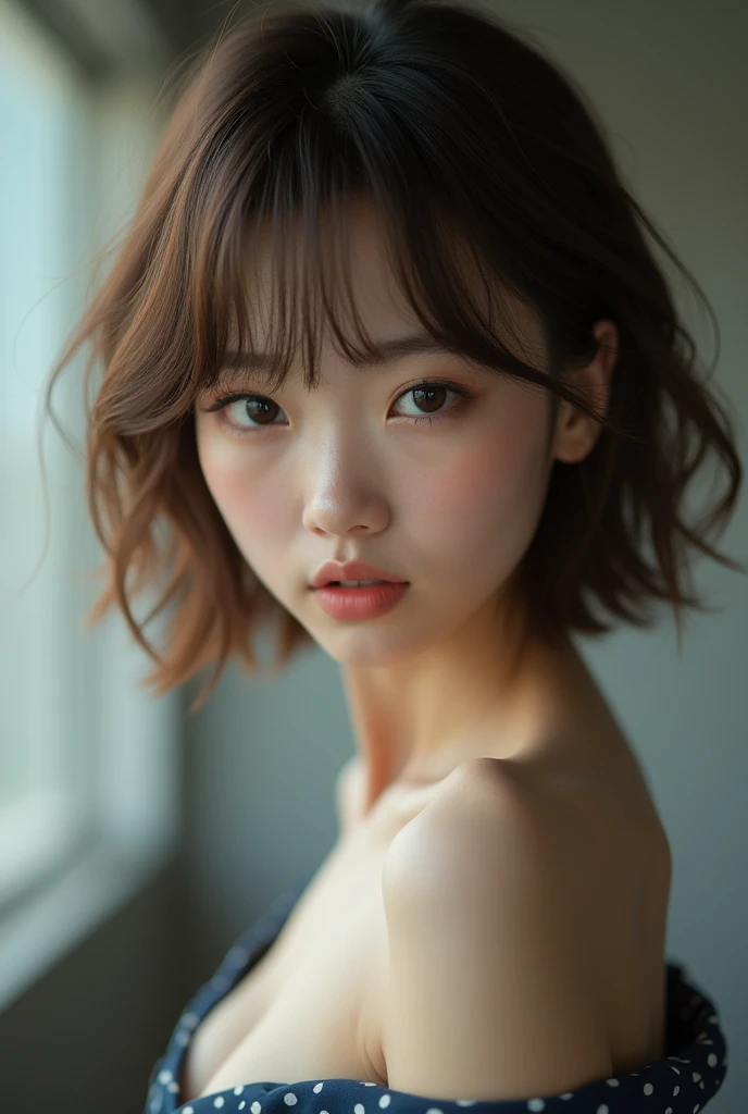 (masterpiece:1.3), (8k, Photorealistic, RAW Photos, Best image quality: 1.4), Japanese schoolgirl、(Random Hairstyles:1.2)、Cleavage:1.2、Super detailed face、Attention to detail、double eyelid、Put your chest together、Sharp focus:1.2、Beautiful woman:1.4、Light brown hair、Highest quality、masterpiece、Ultra-high resolution、(Photorealistic:1.4)、Highly detailed and professionally lit smile、Shoulder out、thin、Serious expression、Short-haired、Deadly position
