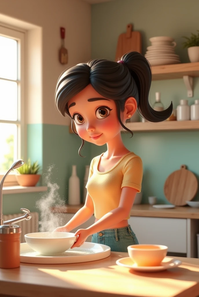 18+young girl Utensil wash in kitchen ai 3d image cartoon type