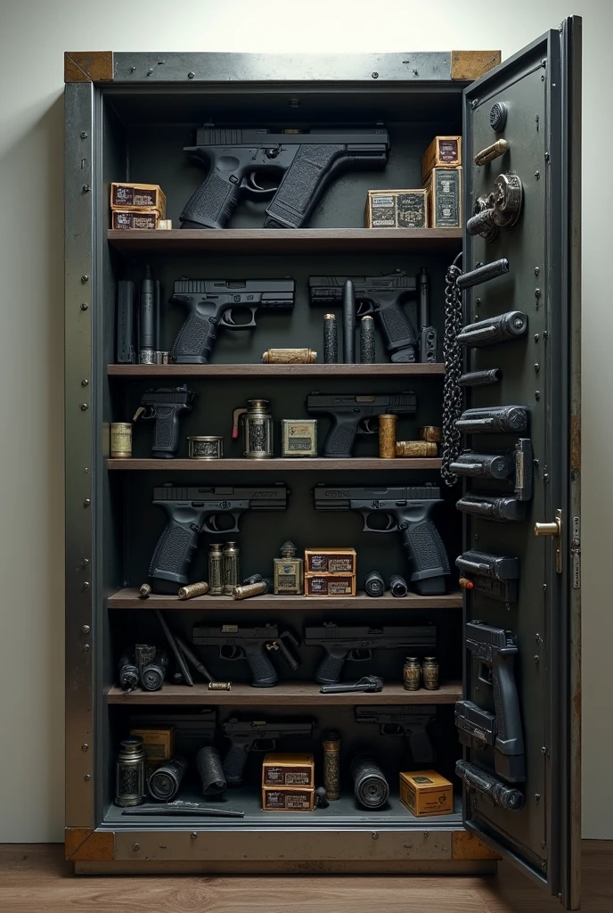 hidden sliding metal cabinet, weapons, 3 glock 19, 2 Glock 21, 3 sig sauer p229, 8 suppressors, 20 boxes ammunitions, 10 granades, 5 smoke granades, 4 thermite, 5 combat knifes,