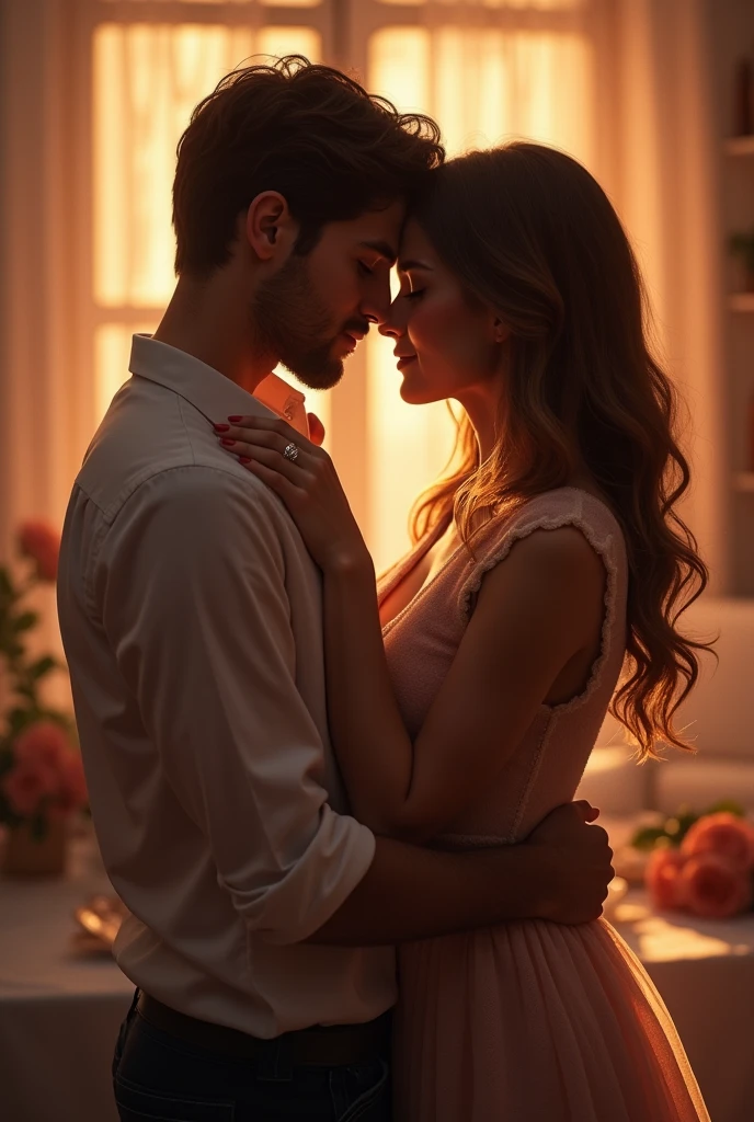 Create a high-quality image of a cutest romantic couple. They are kissing and cuddling in a tender, intimate moment. The background is softly blurred, focusing on the emotions between them. The couple is in a close embrace, with warm and gentle lighting that highlights their affection. The scene should evoke feelings of love and connection, with soft colors and delicate details.