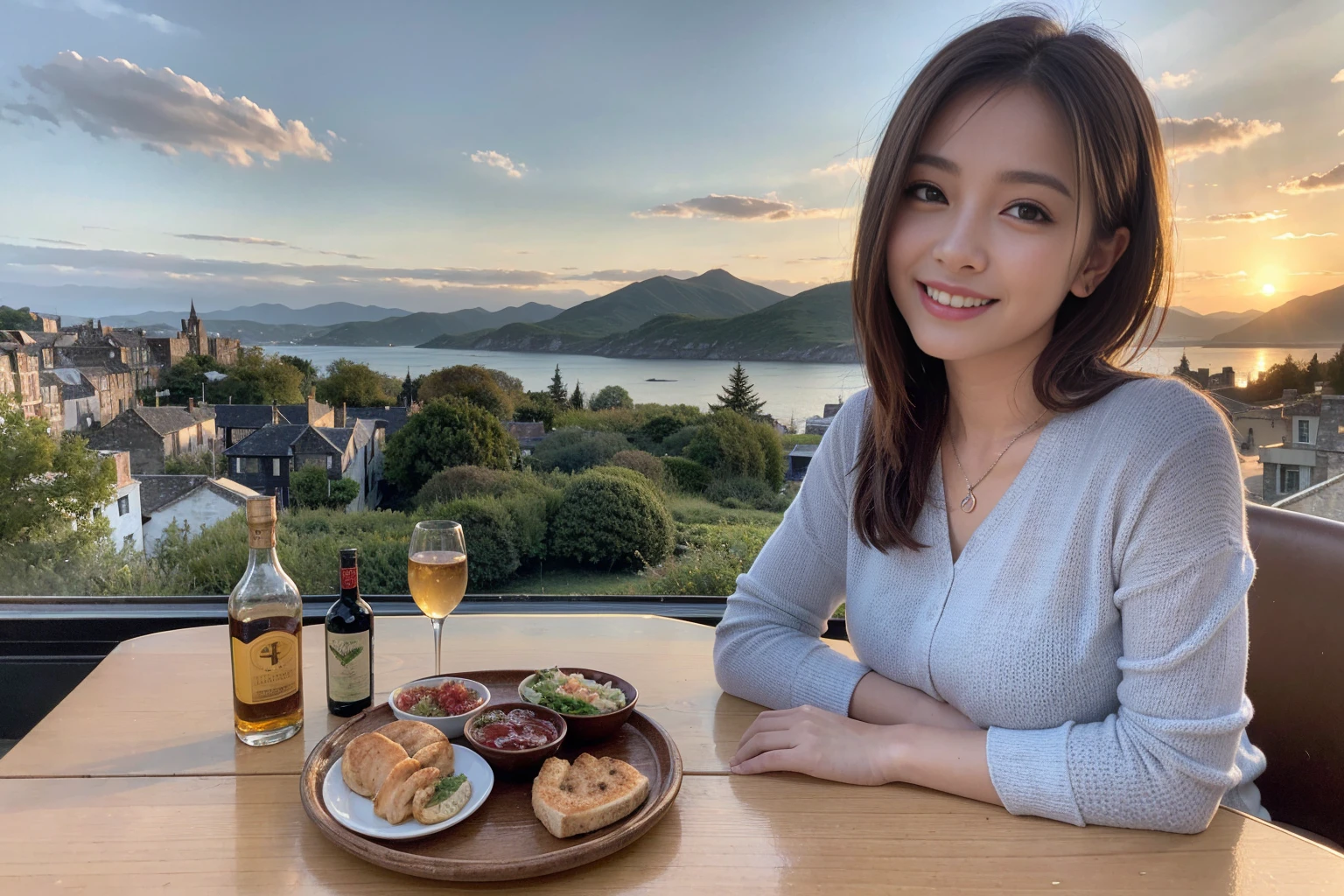 ((Highest quality、8k、masterpiece:1.3))、1 male、1 female、spouse、Beautiful couple、smile、 (Slim face), (The body is スリム), (Brown Hair), (Shortcuts), ((Bob Hale、Straight hair:1.2)), Whiskey bottle and glass on table、Single Malt、scotch、Shot Glass、on the rocks、Scotland、shine light on the face、 Amazing view of the sunset sky and clouds、Amazing mountain views、smileの美しさ、Bright image、blush, Shortcuts,Bright Face、 (4), 3, Appetizers、Italian food、Long sleeve shirt、dress、Attractive beauty、restaurant, Nova Frog Style, actress, model, Upper Body,