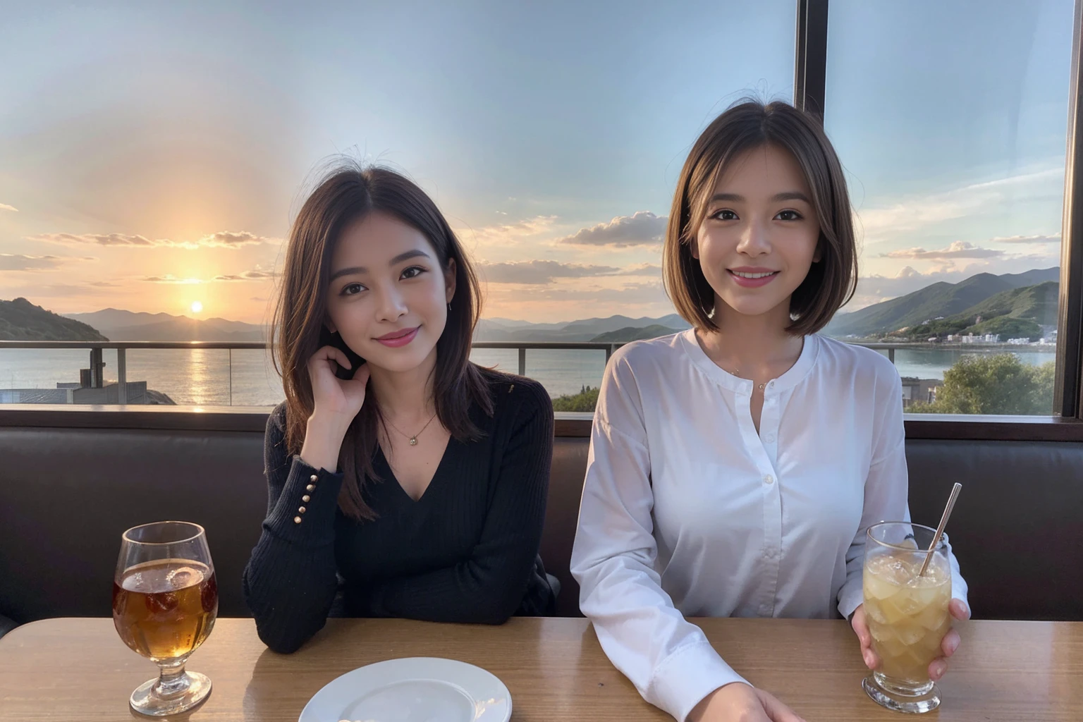 ((Highest quality、8k、masterpiece:1.3))、1 male、1 female、spouse、Beautiful couple、smile、 (Slim face), (The body is スリム), (Brown Hair), (Shortcuts), ((Bob Hale、Straight hair:1.2)), Whiskey bottle and glass on table、Single Malt、scotch、Shot Glass、on the rocks、Scotland、shine light on the face、 Amazing view of the sunset sky and clouds、Amazing mountain views、smileの美しさ、Bright image、blush, Shortcuts,Bright Face、 (4), 3, Appetizers、Italian food、Long sleeve shirt、dress、Attractive beauty、restaurant, Nova Frog Style, actress, model, Upper Body,