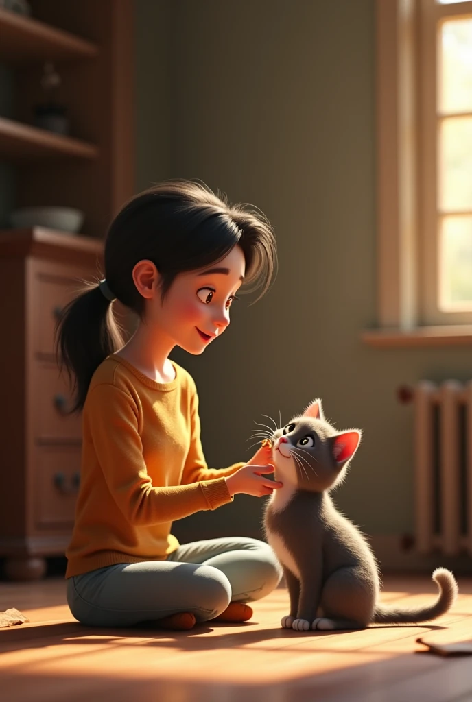 With a 3d Pixar Animation,A sitting cross-legged on the floor of an old, dusty room, feeding a gray tabby cat from her hand. The cat looks content, with a hint of a smile in her eyes, and the room feels warmer and brighter.