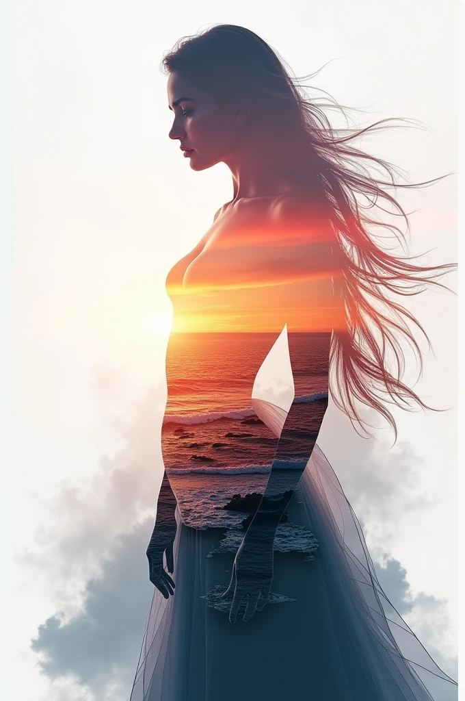 high quality, 8K Ultra HD, A beautiful double exposure that combines an goddess silhouette with sunset coast, sunset coast should serve as the underlying backdrop, with its details incorporated into the goddess , crisp lines, The background is monochrome, sharp focus, double exposure, by yukisakura, awesome full color,