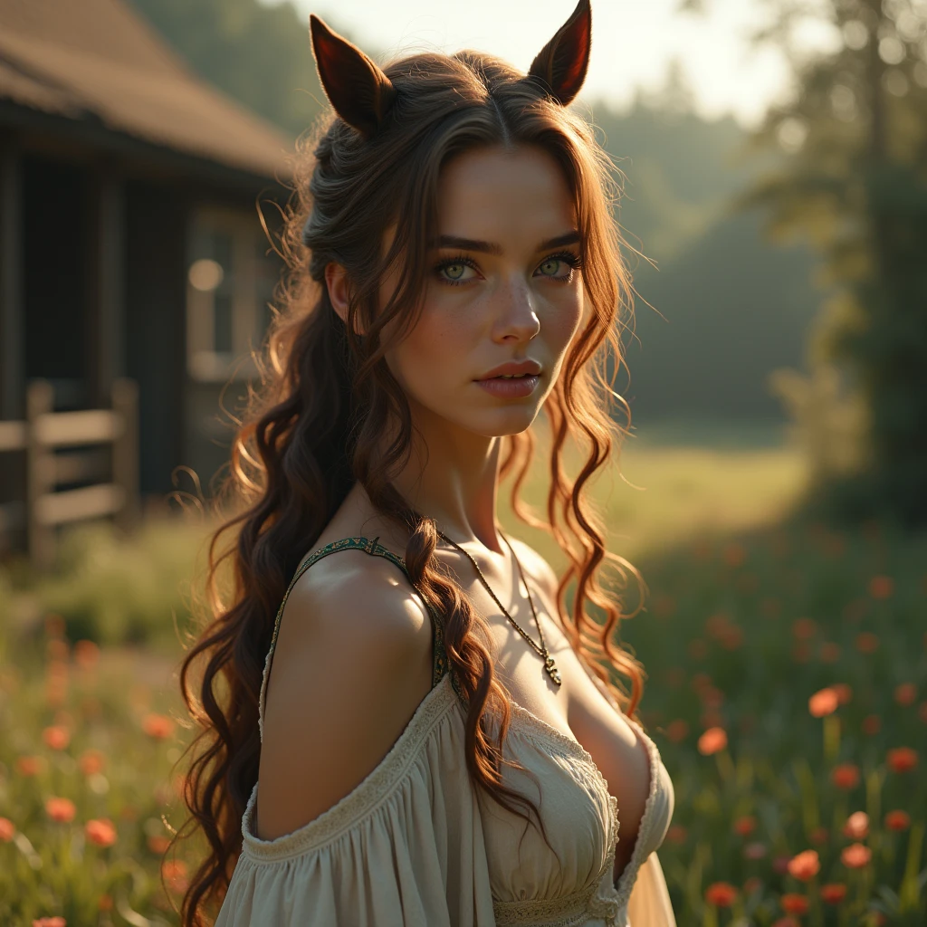 (best quality,4k,8k,highres,masterpiece:1.2),ultra-detailed, 1woman, Celtic goddess Epona, Chestnut brown hair, hazel eyes, druid gown, standing in a barnyard, motherly, posed gently, looking at viewer, seductive eyes, drawn in the style of Yoshitaka Amano, HDR, 8k, absurdres, cinestill 800, sharp focus