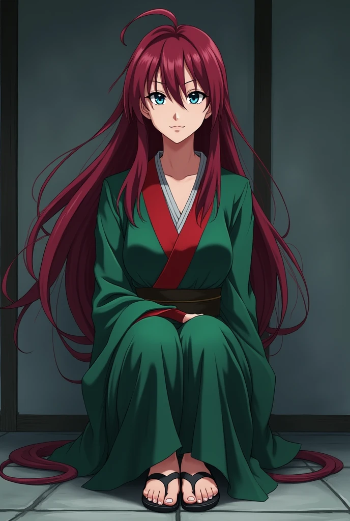 The image is anime style with shadows and dim lights, anime style although somewhat adult and dark, In it appears a single adult woman of 40 years old, she has blue eyes and wears a beautiful oversized green and red yukata.; He also wears sandals. She has very long and loose hair., dark red. She looks calculating and shrewd.. The background of the image is a grey wall. She is the antagonist of the story, She smiles confidently and defiantly.