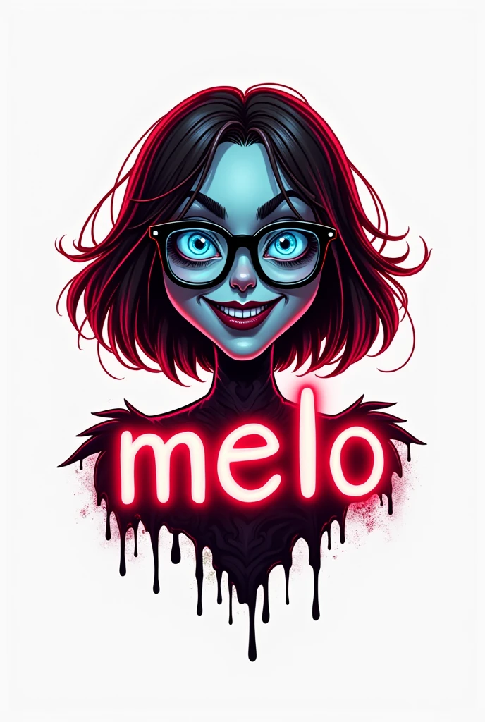 Make a logo on a white background which is in the style of the TIM BURTON movie BEETLEJUICE, THE TEXT OF THE LOGO IS: MELO
give the text a neon red, and black color scheme
Also put in a freaky cool goth girl with short red and brown hair, glasses an a big grin, blue eye color