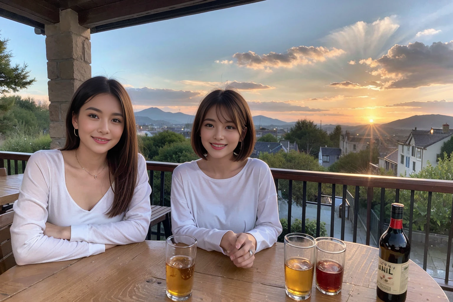 ((Highest quality、8k、masterpiece:1.3))、1 male、1 female、spouse、Beautiful couple、smile、 (Slim face), (The body is スリム), (Brown Hair), (Shortcuts), ((Bob Hale、Straight hair:1.2)), Whiskey bottle and glass on table、Single Malt、scotch、Shot Glass、on the rocks、Scotland、shine light on the face、 Amazing view of the sunset sky and clouds、Amazing mountain views、smileの美しさ、Bright image、blush, Shortcuts,Bright Face、 (4), 3, Appetizers、Italian food、Long sleeve shirt、dress、Attractive beauty、restaurant, Nova Frog Style, actress, model, Upper Body,