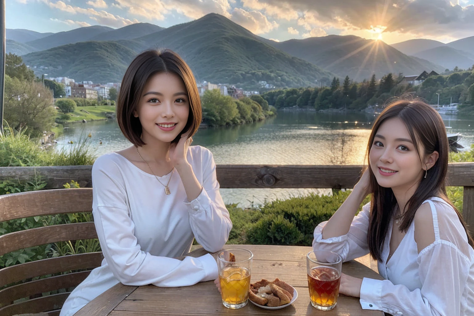 ((Highest quality、8k、masterpiece:1.3))、1 male、1 female、spouse、Beautiful couple、smile、 (Slim face), (The body is スリム), (Brown Hair), (Shortcuts), ((Bob Hale、Straight hair:1.2)), Whiskey bottle and glass on table、Single Malt、scotch、Shot Glass、on the rocks、Scotland、shine light on the face、 Amazing view of the sunset sky and clouds、Amazing mountain views、smileの美しさ、Bright image、blush, Shortcuts,Bright Face、 (4), 3, Appetizers、Italian food、Long sleeve shirt、dress、Attractive beauty、restaurant, Nova Frog Style, actress, model, Upper Body,
