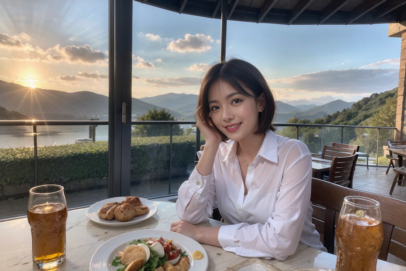 ((Highest quality、8k、masterpiece:1.3))、1 male、1 female、spouse、Beautiful couple、smile、 (Slim face), (The body is スリム), (Brown Hair), (Shortcuts), ((Bob Hale、Straight hair:1.2)), Whiskey bottle and glass on table、Single Malt、scotch、Shot Glass、on the rocks、Scotland、shine light on the face、 Amazing view of the sunset sky and clouds、Amazing mountain views、smileの美しさ、Bright image、blush, Shortcuts,Bright Face、 (4), 3, Appetizers、Italian food、Long sleeve shirt、dress、Attractive beauty、restaurant, Nova Frog Style, actress, model, Upper Body,