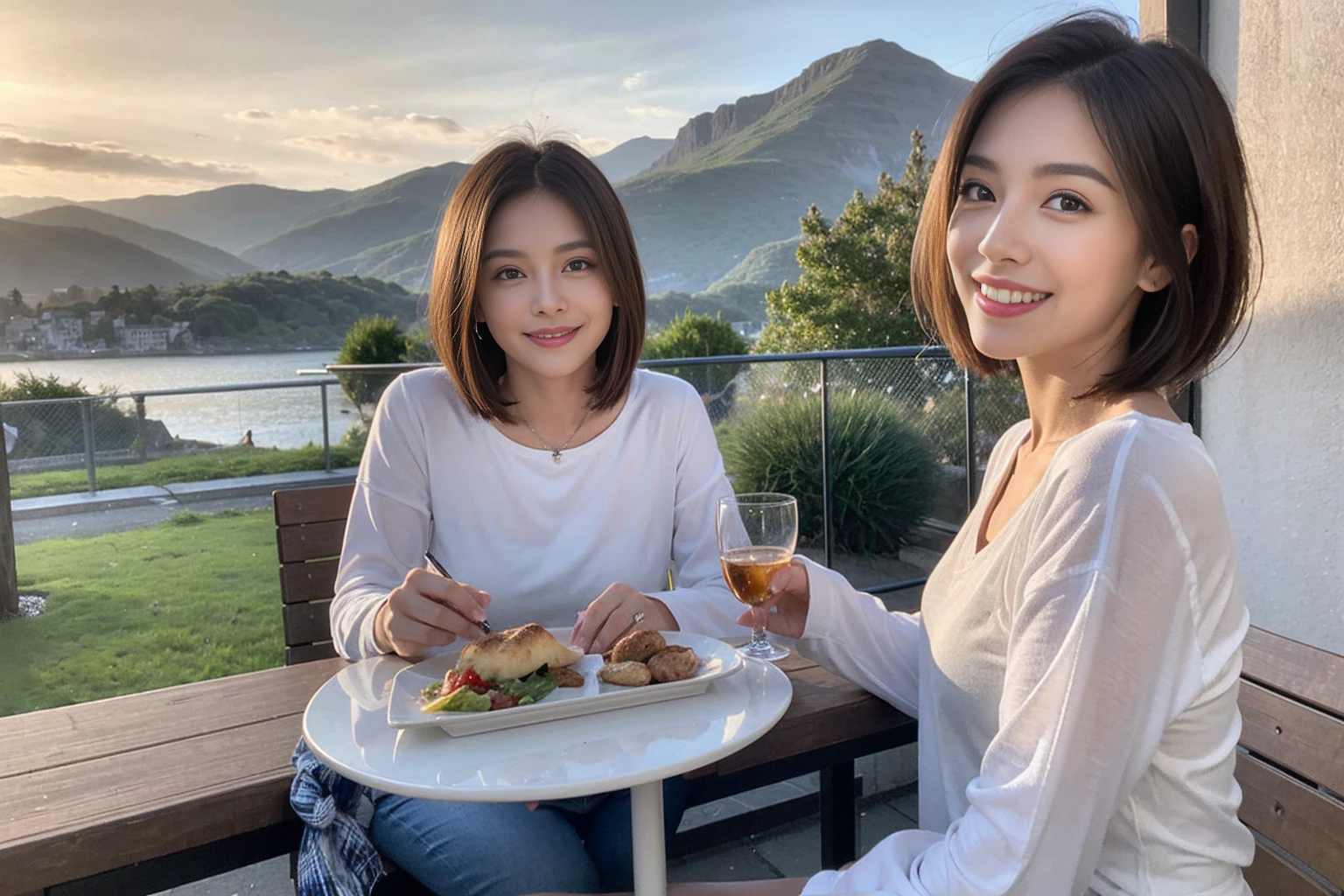 ((Highest quality、8k、masterpiece:1.3))、1 male、1 female、spouse、Beautiful couple、smile、 (Slim face), (The body is スリム), (Brown Hair), (Shortcuts), ((Bob Hale、Straight hair:1.2)), Whiskey bottle and glass on table、Single Malt、scotch、Shot Glass、on the rocks、Scotland、shine light on the face、 Amazing view of the sunset sky and clouds、Amazing mountain views、smileの美しさ、Bright image、blush, Shortcuts,Bright Face、 (4), 3, Appetizers、Italian food、Long sleeve shirt、dress、Attractive beauty、restaurant, Nova Frog Style, actress, model, Upper Body,