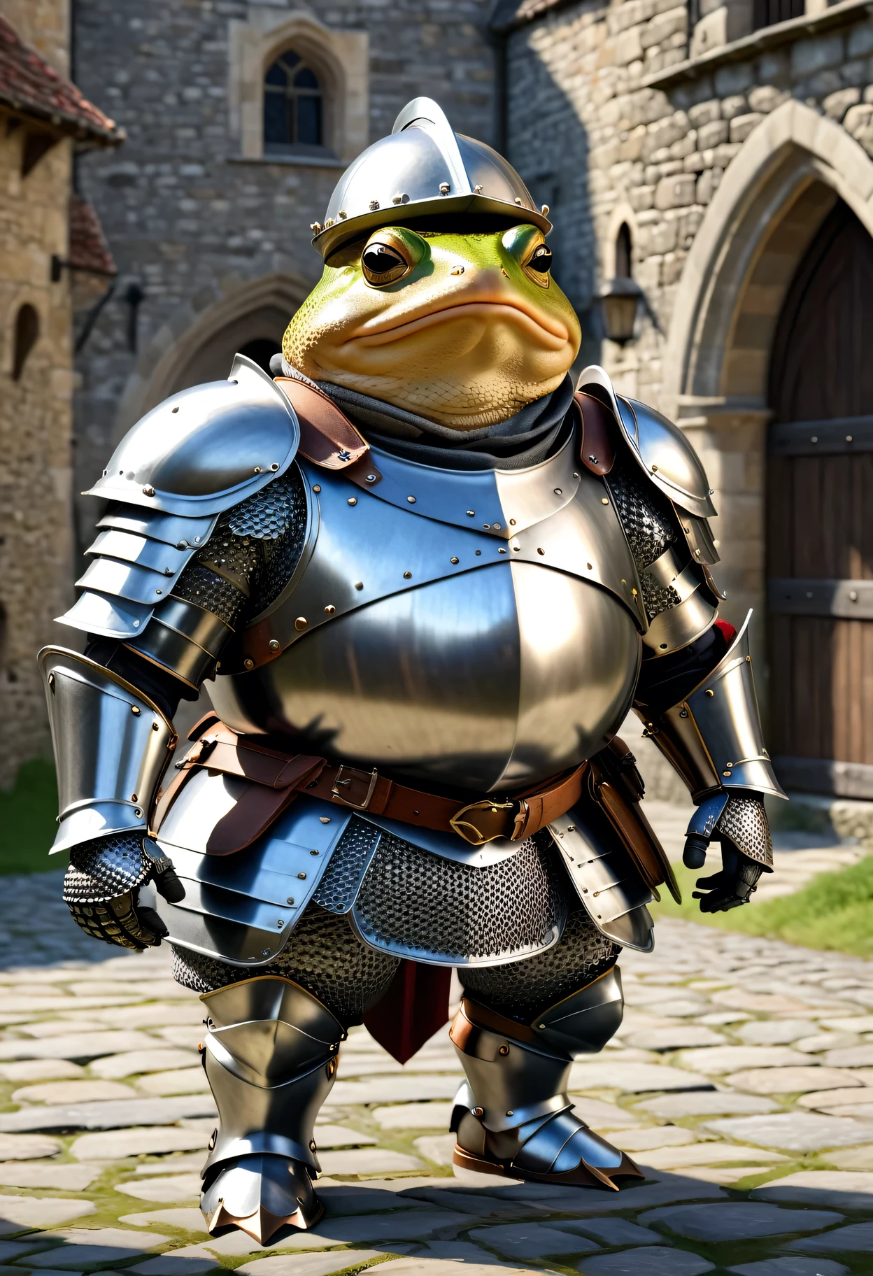 photorealistic portrait of Dressed animals - a ((fat)) (toad) knight,(hands on hips:1.5 ),(helmet), high quality,(lovely) ,intricate detailed armor, highly detailed ((knight armor, greaves, sabaton)) , highly detailed knight equipment , (happy), natural lighting,(full body image:2.0),(stone buildings background),score_9, score_8_up, score_7_up, score_6_up, score_5_up, score_4_up,