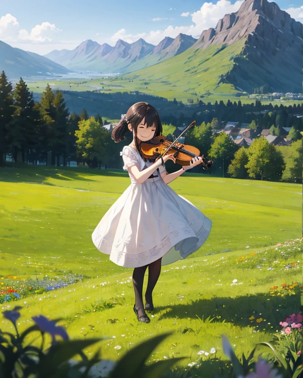 Cute 1, Violin playing, smile, slim, dress, Outdoor, Originally, Mountain々, grassland, Flowers, null, Floating Hair