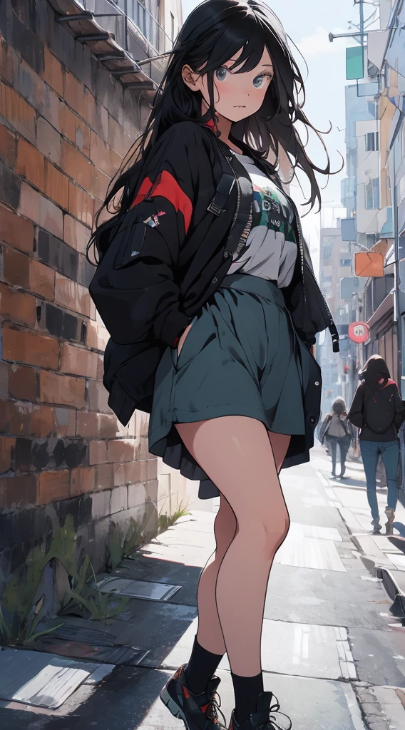 fashionable, long black hair, soft expression, split, , skirt, streetwear, on the street, cowboy shooting