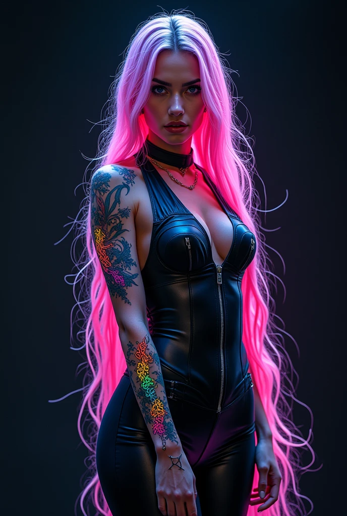 A full-body portrait of a (mystical woman:1.3) dressed in (sleek, futuristic urban attire:1.2). Her vibrant (rainbow neon tribal tattoos:1.5) glow with an (otherworldly radiance:1.4), capturing the viewer's attention. She has (long, flowing rainbow hair:1.4) that cascades around her, creating an ethereal aura. Break, Her eyes are (deep, enigmatic, filled with cosmic mystery), and her skin is (smooth, with a subtle luminescence:1.2). Her pose is (graceful, confident, slightly turned to the side) to accentuate the contours of her attire and tattoos. Break, The (striking black background:1.3) contrasts dramatically with the vibrant colors of her tattoos and hair, helping her stand out as the focal point of this mesmerizing and spiritual image. Break, Illuminated by (soft, ambient neon light:1.2), the environment is evocative of a (futuristic urban landscape), further enhancing the mystical and modern aspects of her presence. Break, The composition utilizes a (high-resolution, frontal angle) for clarity and impact, ensuring each detail of the tattoos and attire is portrayed vividly. Break, The overall atmosphere conveys a sense of (mysticism and spiritual transcendence), encouraging the viewer to ponder the fusion of technology and spirituality. Break, Additional elements include (subtle holographic effects) that enhance the futuristic vibe without detracting from the central figure's prominence.