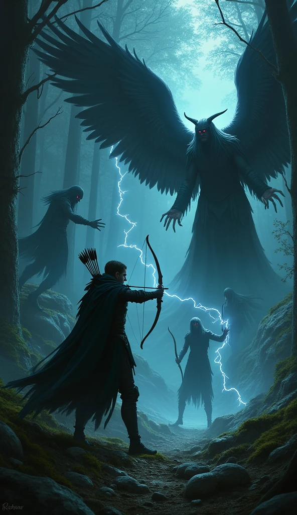 "A dark forest where the air is thick with shadows. The fallen angel, with dark, feathery wings, manipulates the shadows to form the phantoms of the elf’s fallen comrades. These specters, distorted and eerie, emerge from the darkness, their eyes filled with sorrow as they reach out to the elven archer. Lightning crackles from the elf's arrow, cutting through the shadows as he fights both his inner demons and the formidable opponent before him."