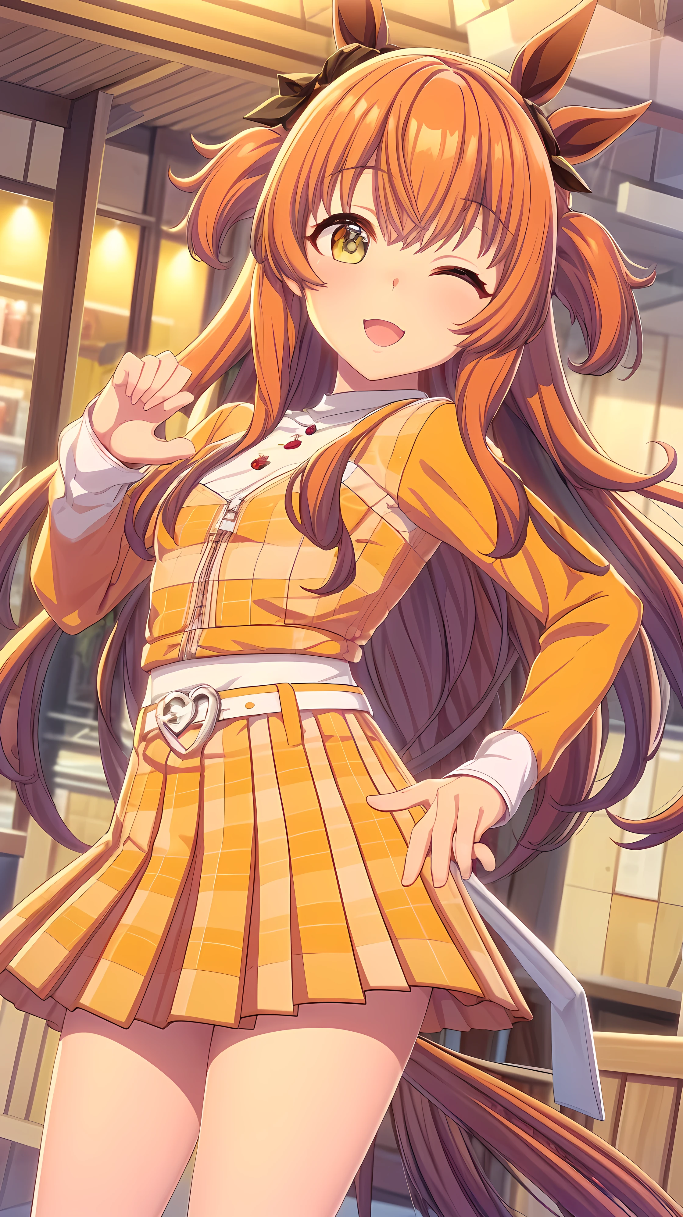 Mayacas,one person, Orange Hair ,Horse's ears,
BREAK 黄色いベスト,Long sleeve, Yellow Skirt, socks, smile, Open your mouth, Tilt your head, Close one eye,腕を上げる
BREAK つやのある瞳, Beautiful Eyes, Enchanting, Erotic, Glowing skin、
BREAK indoors,
BREAK looking at viewer, (Dynamic Pose, whole body:1.5), smile,Composition from below, Thighs, sexly,
BREAK (masterpiece:1.2), Highest quality, High resolution, unity 8k wallpaper, (figure:0.8), (Beautiful fine grain:1.6), Highly detailed face, Perfect lighting, Highly detailed CG, (Perfect hands, Perfect Anatomy)
BREAK ((masterpiece,Highest quality)), Super detailed, Shine, shine, Ray Tracing, (Perfect Face, Detailed face, Fine grain, Perfect hands, Perfect Fingers:1.5), HD, Super cute face, Highest quality, Super detailed,
BREAK Shine目, (highest quality realistic illustrations), (Super fine), (Cute illustrations:1.3), (High chroma:1.3),
BREAK 詳細な美しい顔と目, Dynamic lighting, (Very delicate and beautiful),
BREAK (Nice hands), (Perfect hands:1.4), Highly detailed illustration, Super cute and beautiful, Highest quality, Slender, ,ベビーフェイス
BREAK 買い物をしている, Shopping mall, (Complex background, There are many elements in the background:1.2), ((Super detailed background)), ((8K wallpaper)),