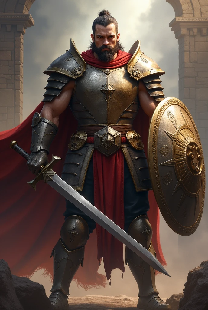 man with a dashing face and dashing body posture holding a sword in his left hand (then his right hand holding a shield) , preparing to fight and wearing armor