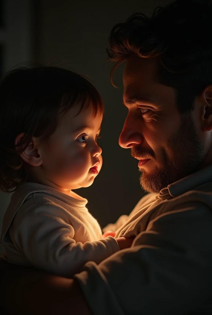 A baby girl looking at an adult man in a dark room and a man looking at the baby girl here is the baby girl highlighted